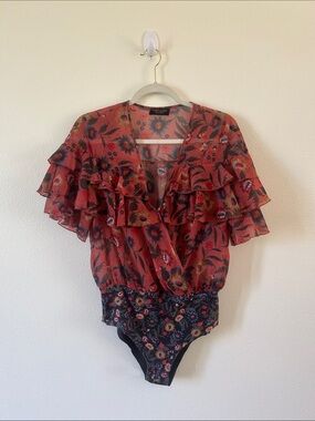 Zara Red Floral Ruffle Wrap Bodysuit with Black Floral Waist